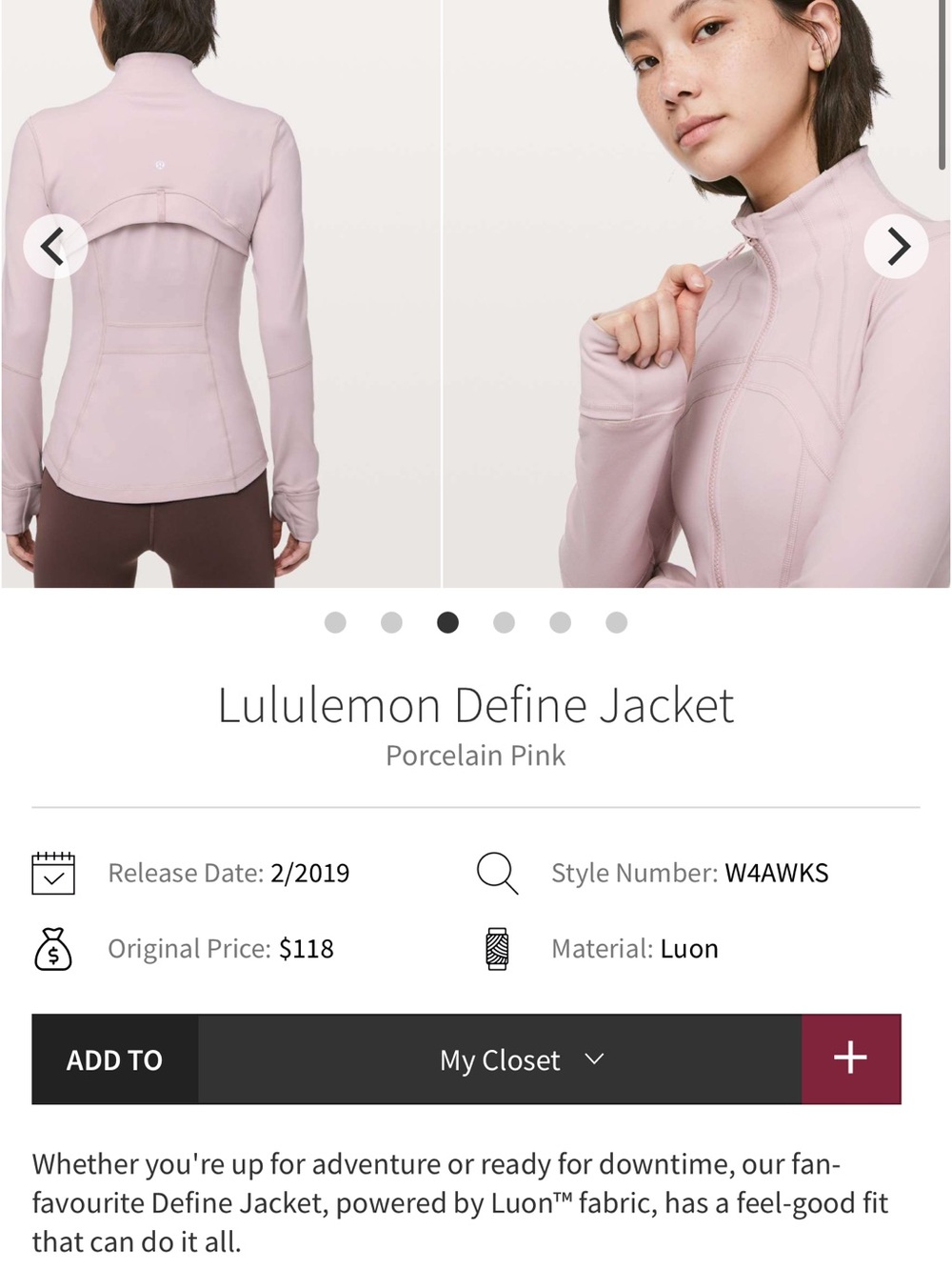 lululemon athletica Define Jacket in Porcelain Pink